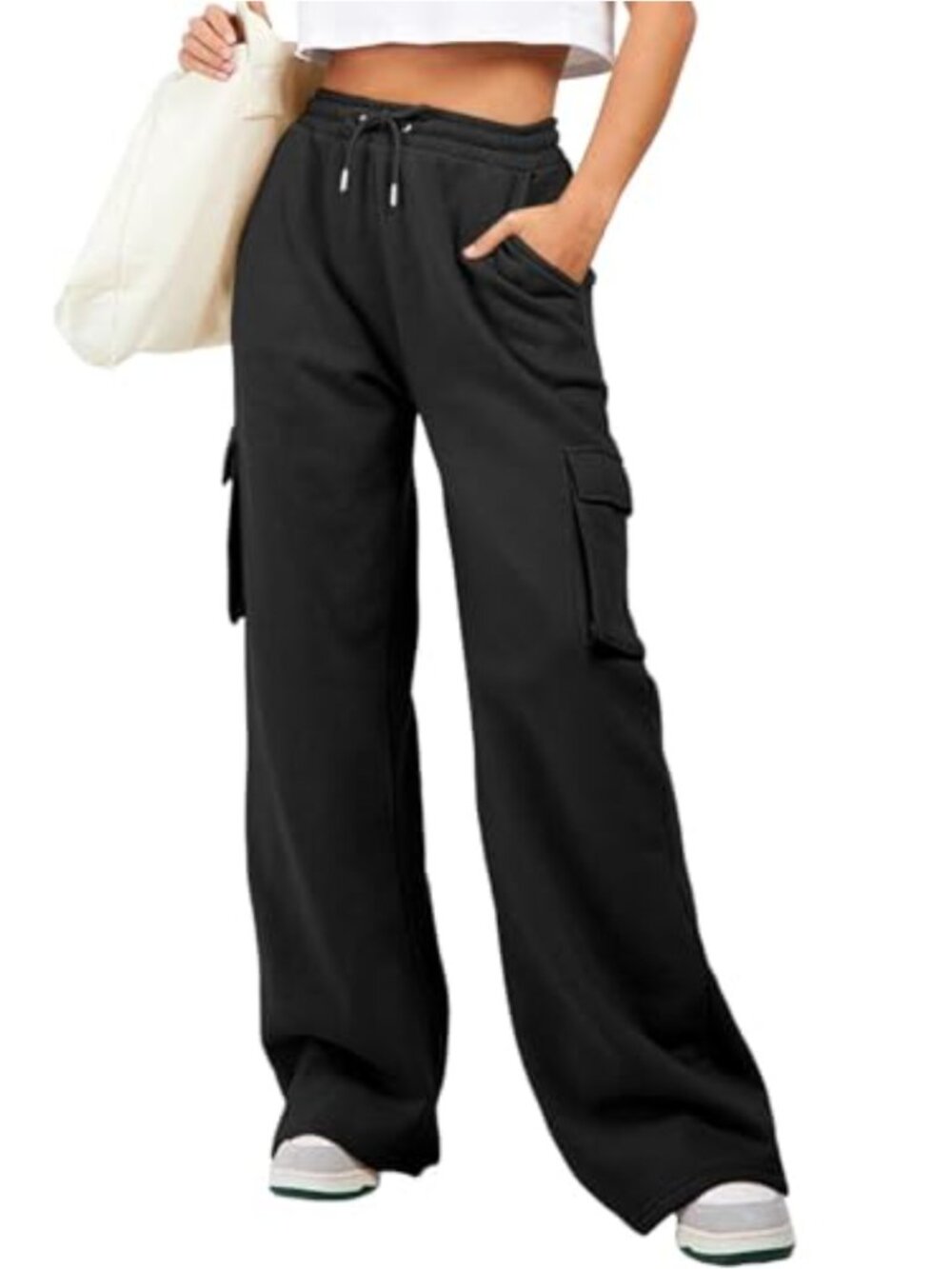 High Waisted Cargo Sweatpants Women Wide Leg Cotton Joggers Drawstring